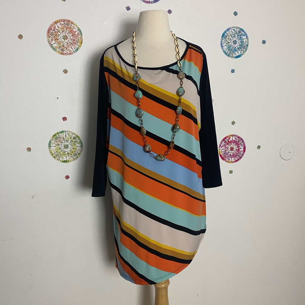 Susan Graver Multicolor Diagonal Stripe Scoop Neck Tunic with Black Sleeves
